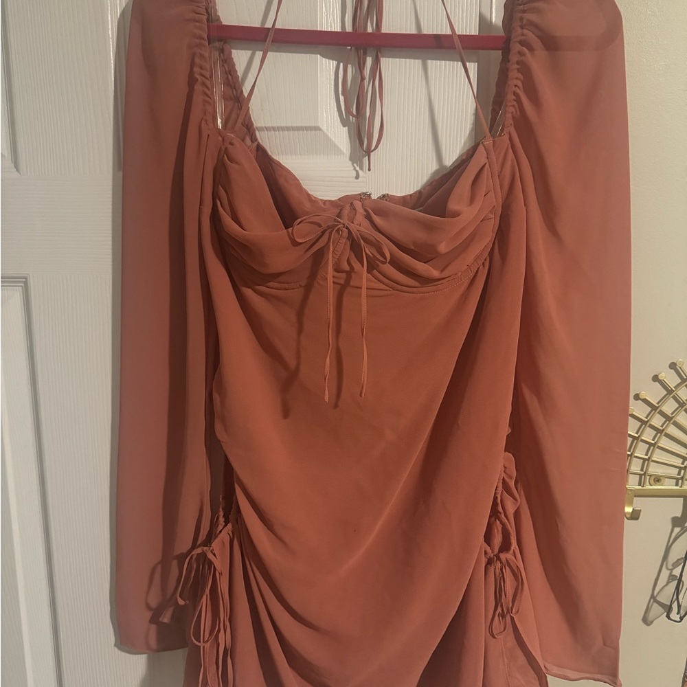 Chic Cutout Halter Long Sleeve Blush Dress - Picture 3 of 5